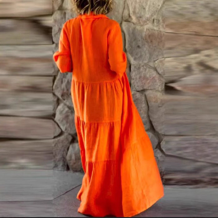Damen nan langes Hemdblusenkleid mit geraffter Taillennaht, dreiviertelärmeln und stufigem Volantrock Drune