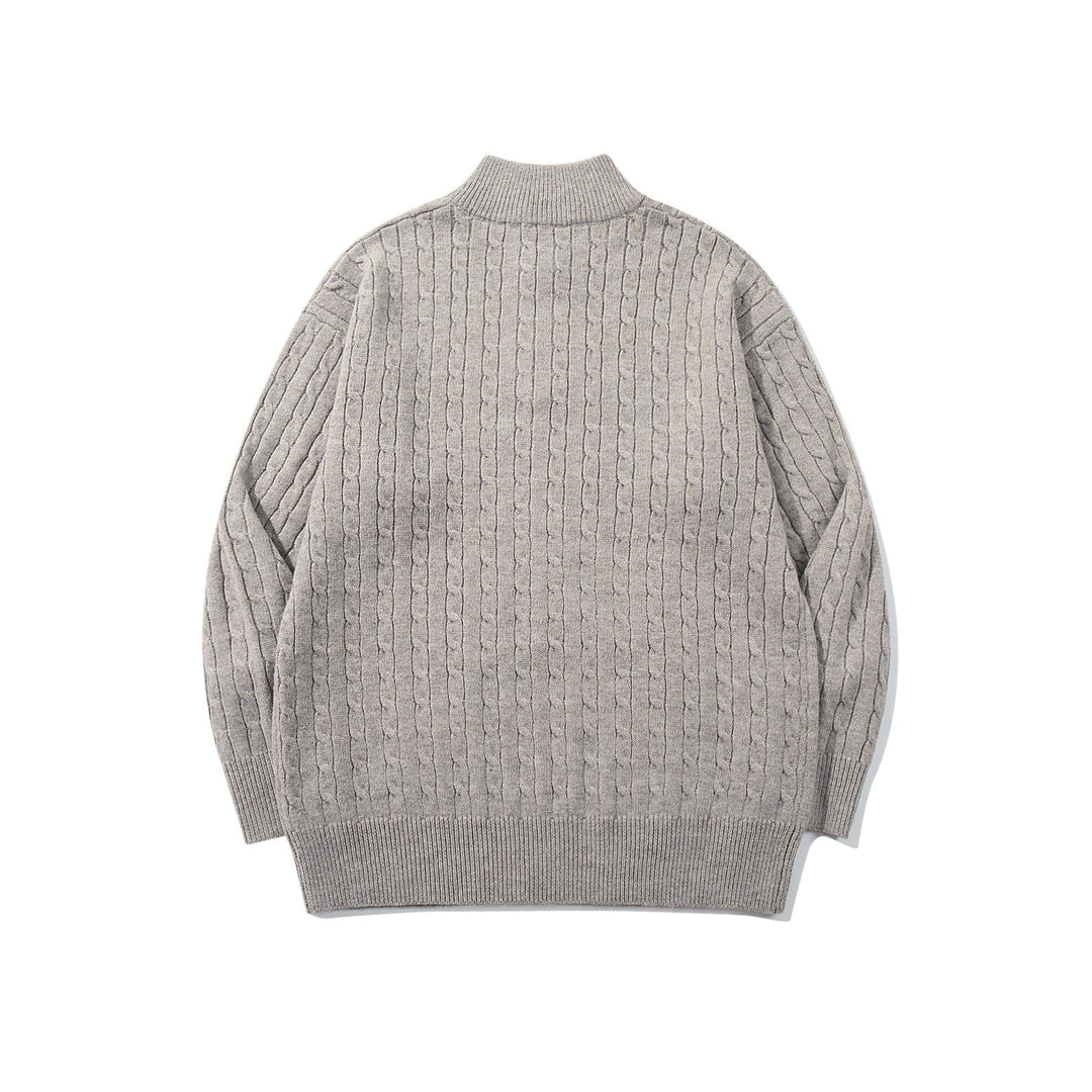 Unisex Zopfmuster-Halbzip-Strickpullover mit hohem Rippkragen und längerem Saum Drune