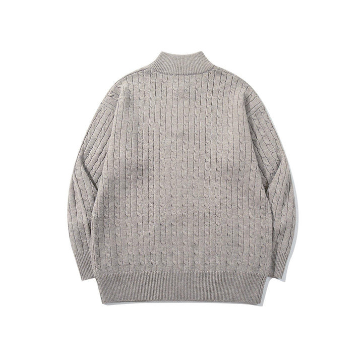 Unisex Zopfmuster-Halbzip-Strickpullover mit hohem Rippkragen und längerem Saum Drune