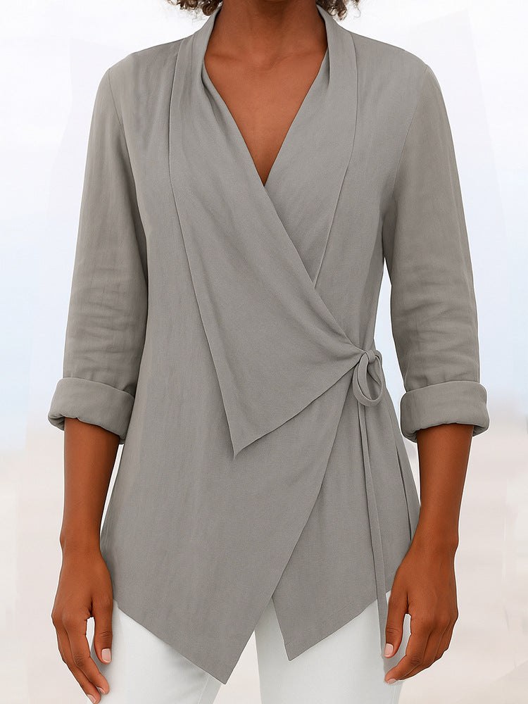Damen Asymmetrische Wickelbluse mit Schalkragen und 3/4-Ärmeln Drune