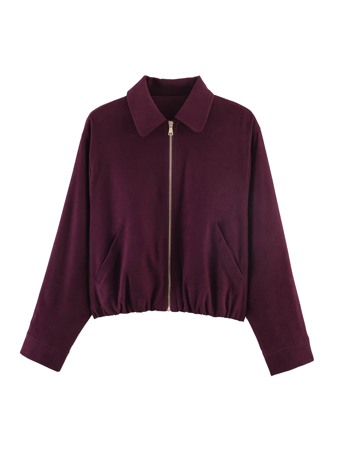 Damen Kurzblouson im Velours‑Look mit spitzem Hemdkragen und Gummizugsaum Drune