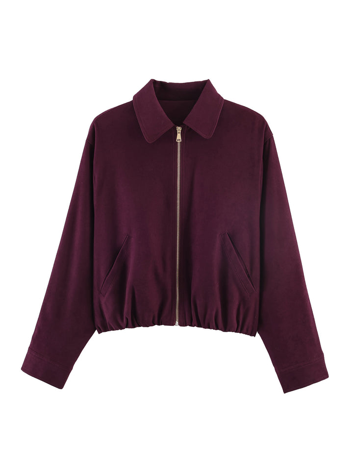Damen Kurzblouson im Velours‑Look mit spitzem Hemdkragen und Gummizugsaum Drune