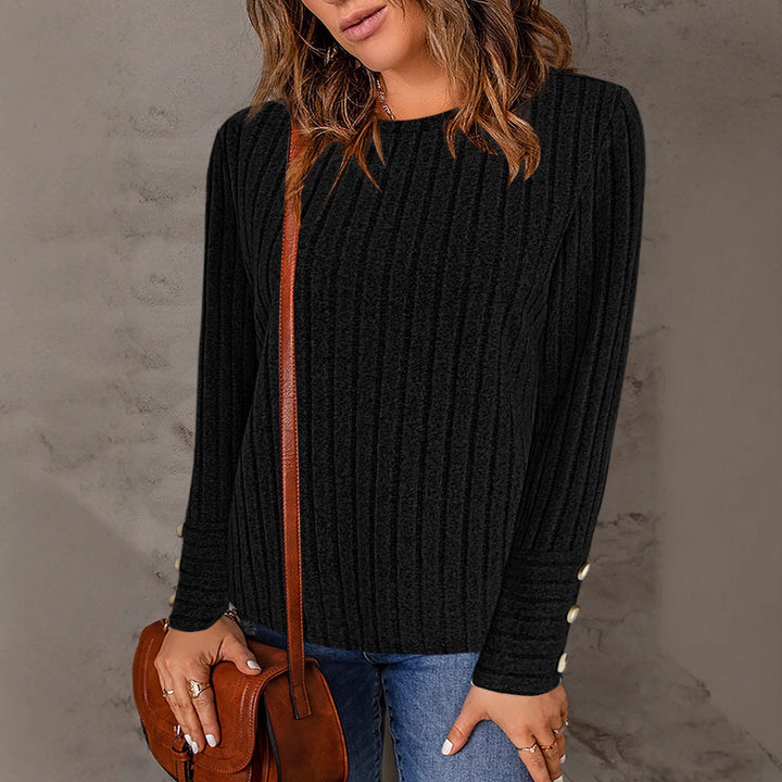 Damen Gerippter Feinstrick-Pullover mit Rundhals und Perlmuttknopf‑Manschetten Drune