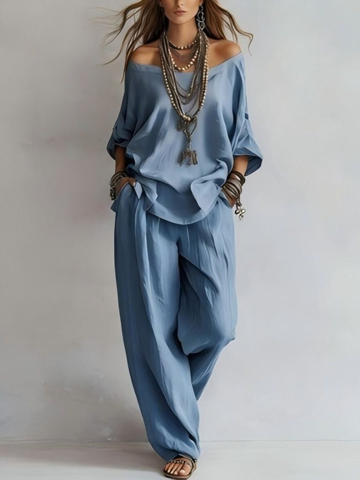 Damen Lässiges Leichtes Lounge-Set mit Carmenausschnitt und Palazzo-Hose Drune