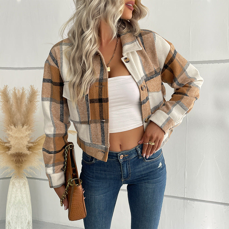 Damen kariertes Blousonjacke mit dekorativen Knöpfen und Brusttaschen Drune