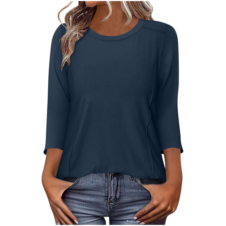 Damen nan lässiges Rundhals Shirt mit mittellangen Ärmeln und sichtbaren Nahtakzenten Drune