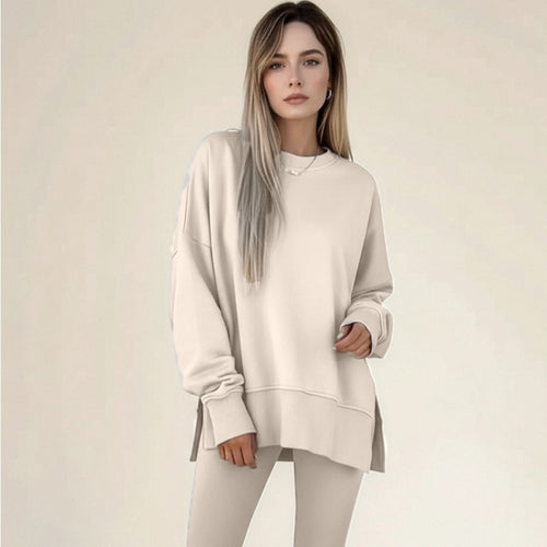 Damen gemütliches Sportset mit lockerem Sweatshirt und enganliegenden Leggings Drune
