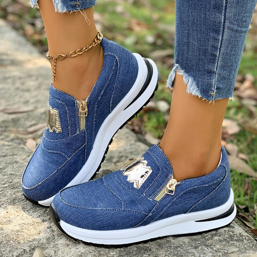 Damen Plateau-Slipper-Sneaker aus Veloursimitat mit seitlichem Zier-Reißverschluss und metallischer Applikation Drune