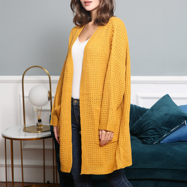 Damen Langer Oversize Strickmantel mit offener Front und aufgesetzten Taschen Drune