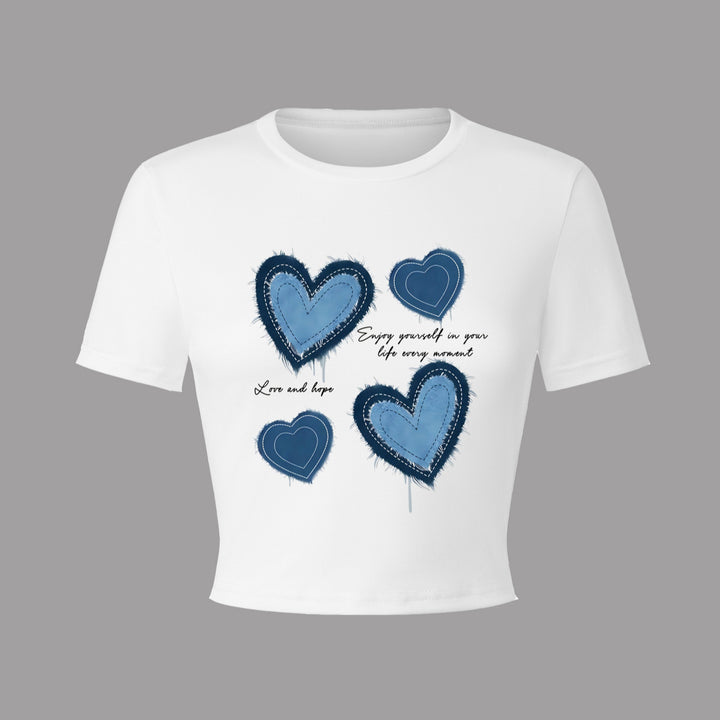 Damen Crop-T-Shirt mit kreativem Herzmotiv und motivierendem Schriftzug Drune