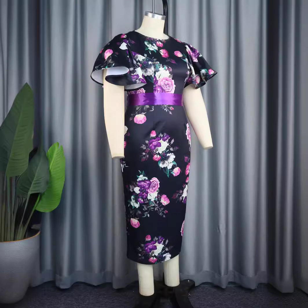 Damen Elegantes Kleid mit floralem Design und Taillengürtel Drune
