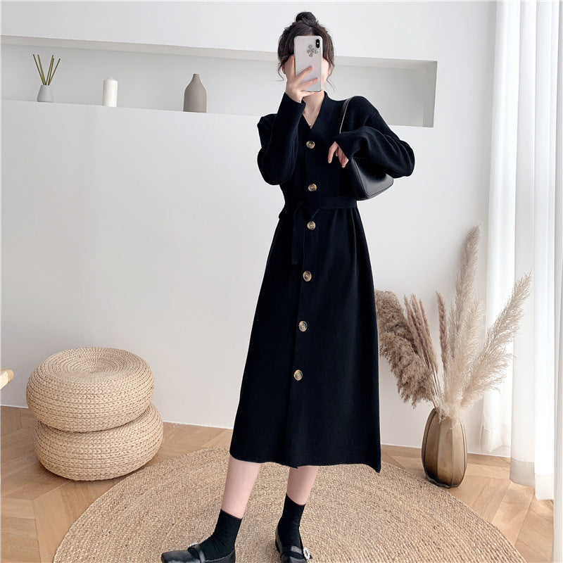 Damen Knielanges Strickkleid mit Knöpfen und Gürtel Drune