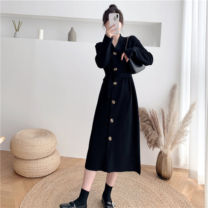 Damen Knielanges Strickkleid mit Knöpfen und Gürtel Drune