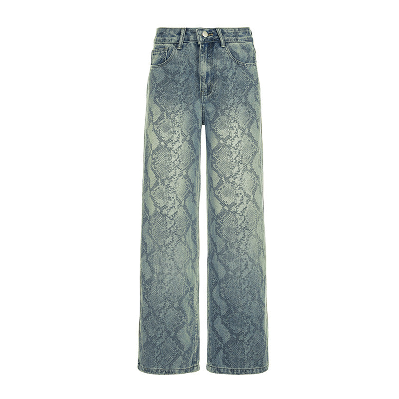 Damen nan hochgeschnittene Jeans mit Schlangenprint, weitem Bein und geradem Schnitt Drune