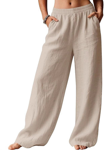 Damen Weite Leinenhose mit elastischem Bund und seitlichen Eingrifftaschen Drune