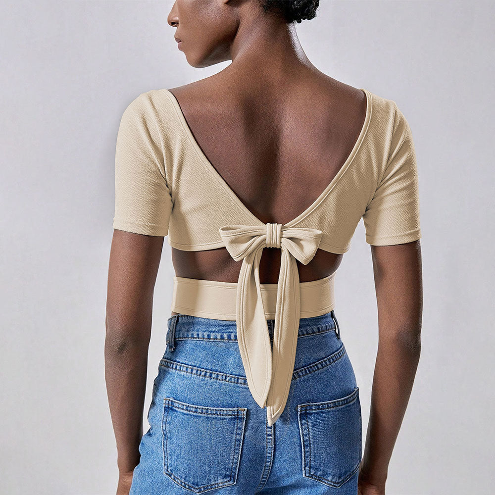 Damen cropped T-Shirt mit elegantem Quadrat-Ausschnitt und kurzen Ärmeln Drune