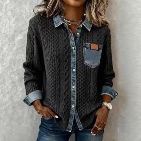 Damen Strickjacke mit Denim-Look-Kragen, dekorativer Knopfleiste und Brusttasche Drune