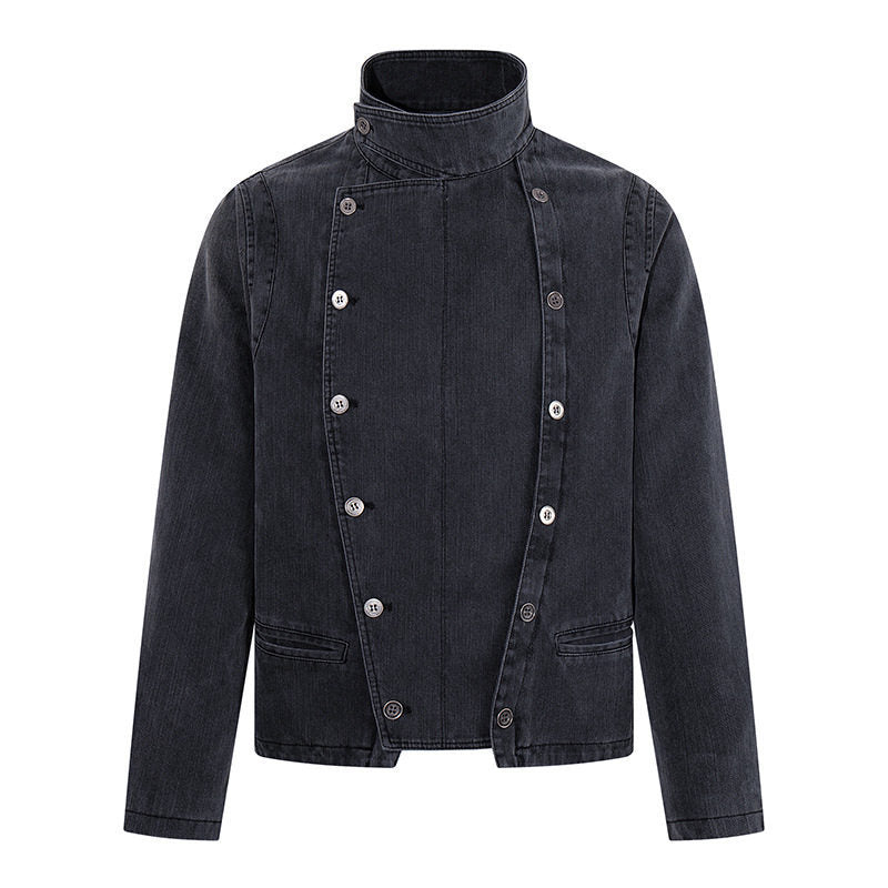 Herren asymmetrische Jeansjacke mit Stehkragen und zweireihiger Druckknopfleiste Drune