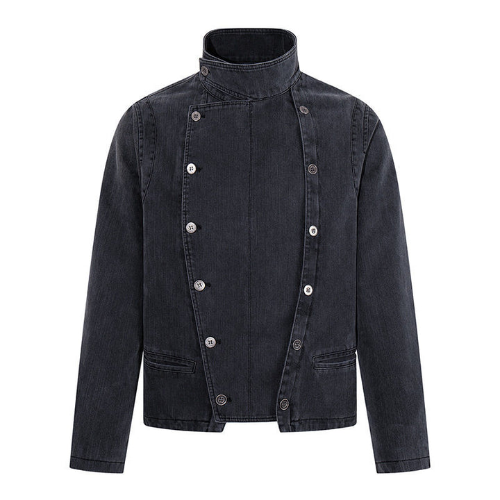 Herren asymmetrische Jeansjacke mit Stehkragen und zweireihiger Druckknopfleiste Drune