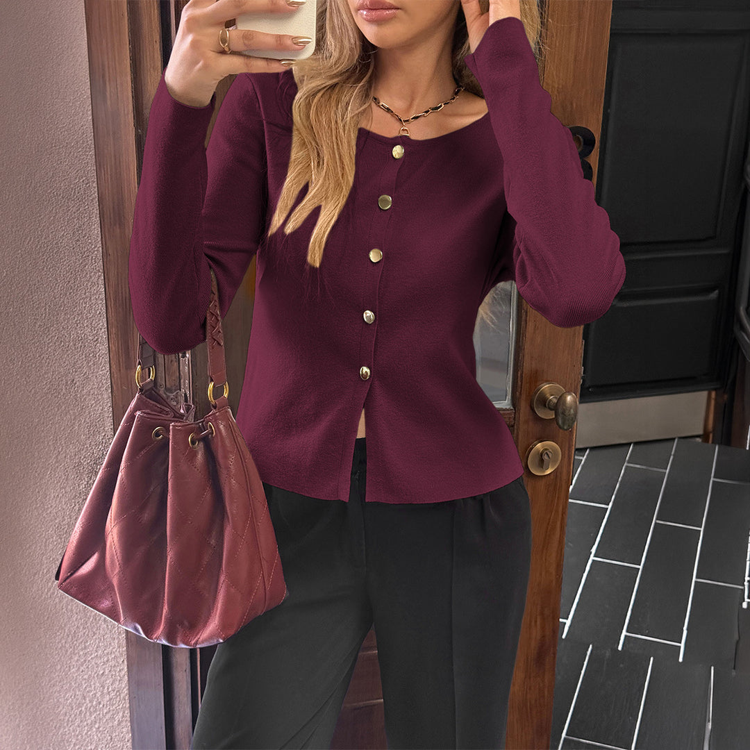 Damen nan taillierter Feinstrick-Cardigan mit asymmetrischer Goldknopf-Leiste und Frontschlitz Drune