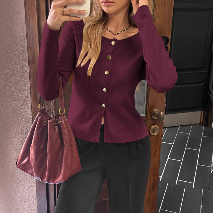 Damen nan taillierter Feinstrick-Cardigan mit asymmetrischer Goldknopf-Leiste und Frontschlitz Drune