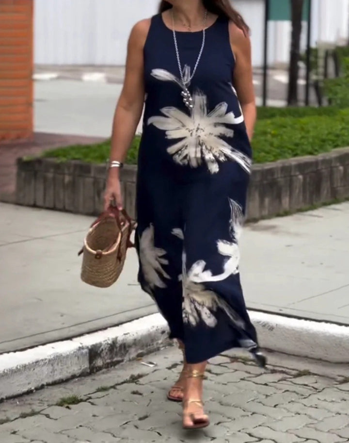 Damen nan ärmelloses lässiges Maxikleid aus Leichtjersey mit großflächigem Pinselblumenmuster und versteckten Seitentaschen Drune