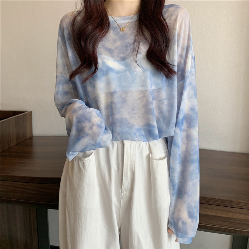Damen transparenter Longsleeve-Oberteil mit modernem Tie-Dye-Muster Drune