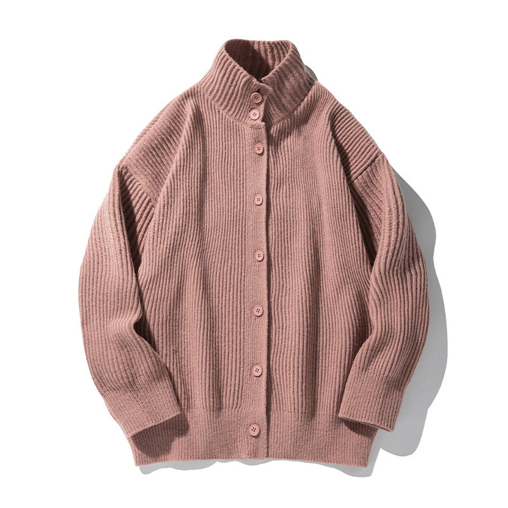 Damen Oversize Cardigan aus feinem Rippstrick mit hohem Rollkragen und durchgehender Knopfleiste Drune