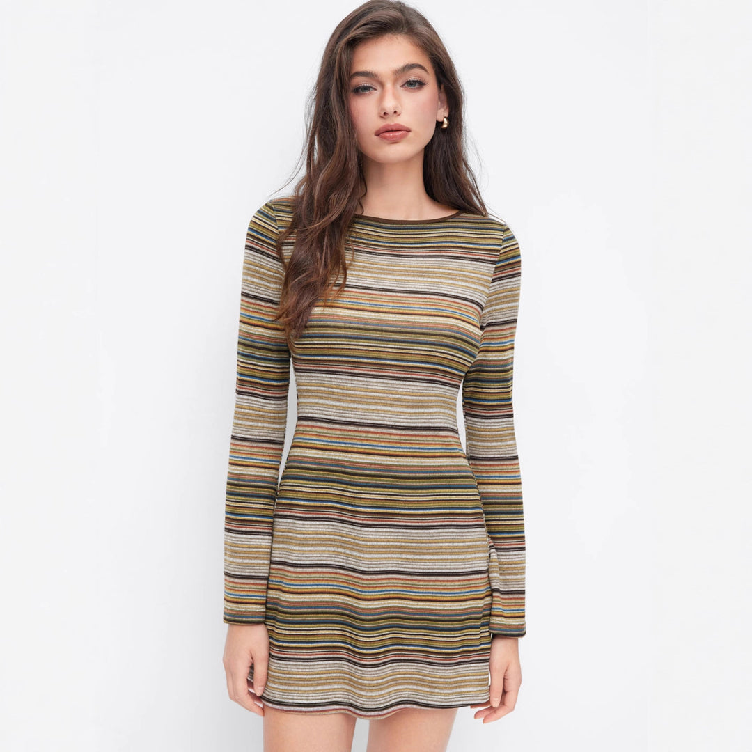 Damen Gestreiftes Feinstrick-Minikleid mit taillierter Silhouette und langen Ärmeln Drune