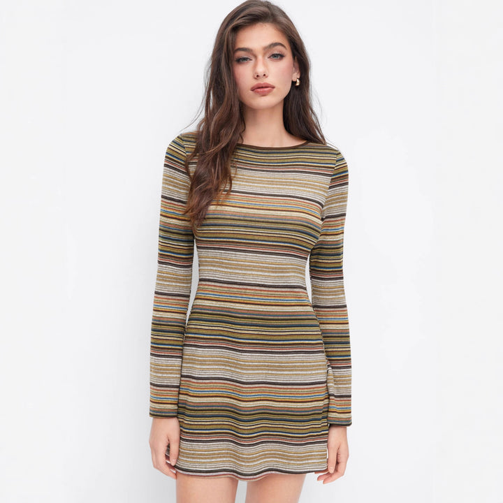 Damen Gestreiftes Feinstrick-Minikleid mit taillierter Silhouette und langen Ärmeln Drune