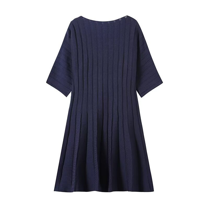 Damen Strukturiertes A-Linien Strickkleid mit halblangen Ärmeln Drune