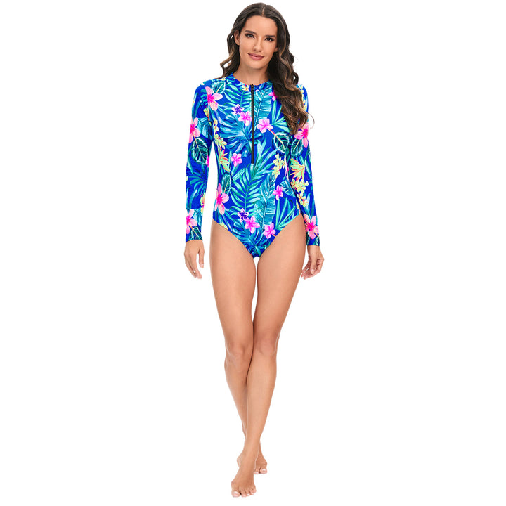 Damen Sportlicher Langarm-Badeanzug mit floralen Akzenten Drune