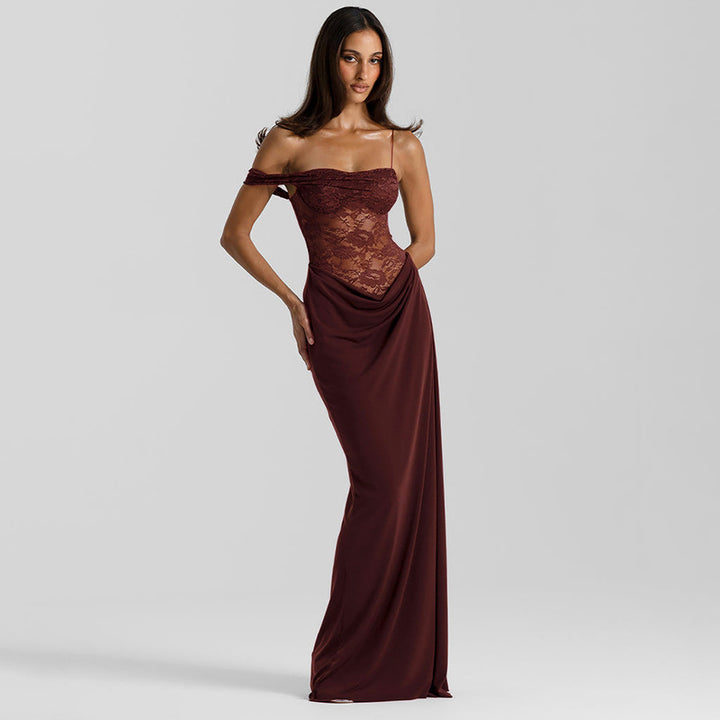 Damen Off-Shoulder Abendkleid mit raffinierten Spitzen-Applikationen und fließendem Material Drune