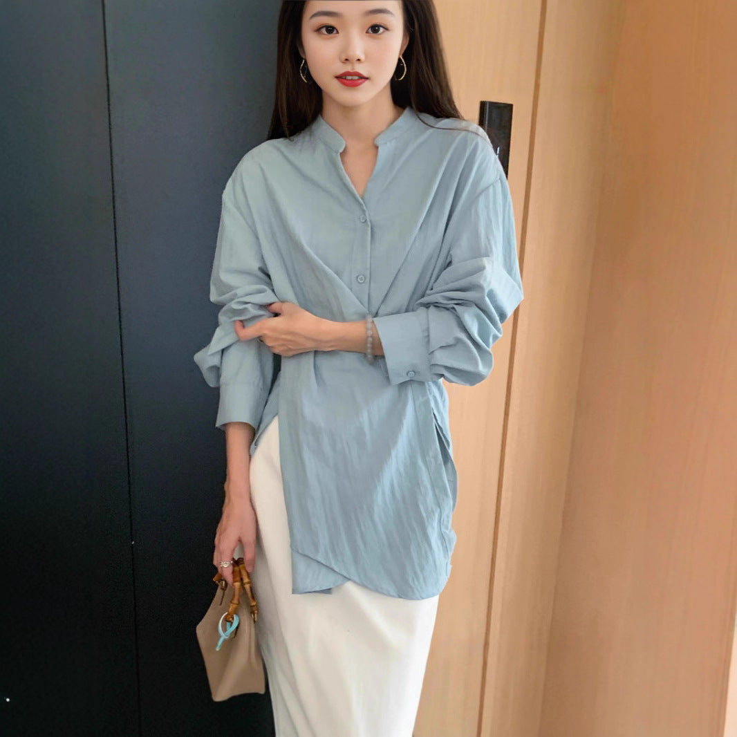 Damen Wickelbluse mit geraffter Taille und Ballonärmeln Drune