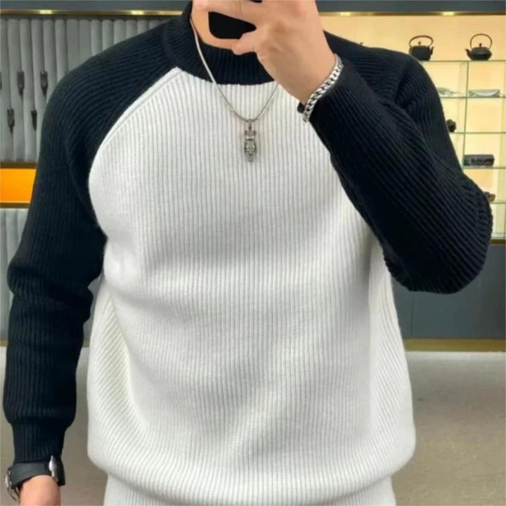 Herren Gerippter Raglan-Pullover mit Kontrastärmeln und kurzem Stehkragen Drune