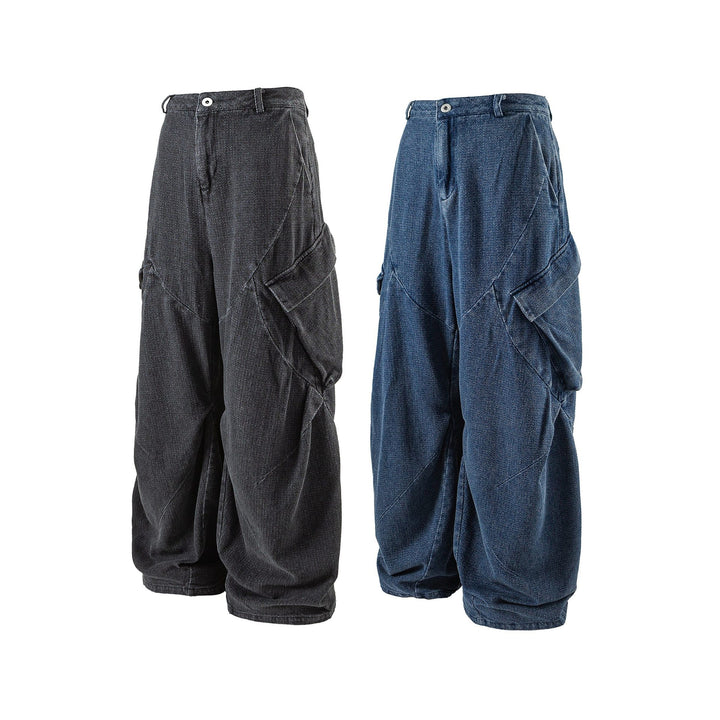 Damen Weite Cargo-Jeanshose mit hoher Taille, markanten Teilnähten und dekorativen Taschen Drune