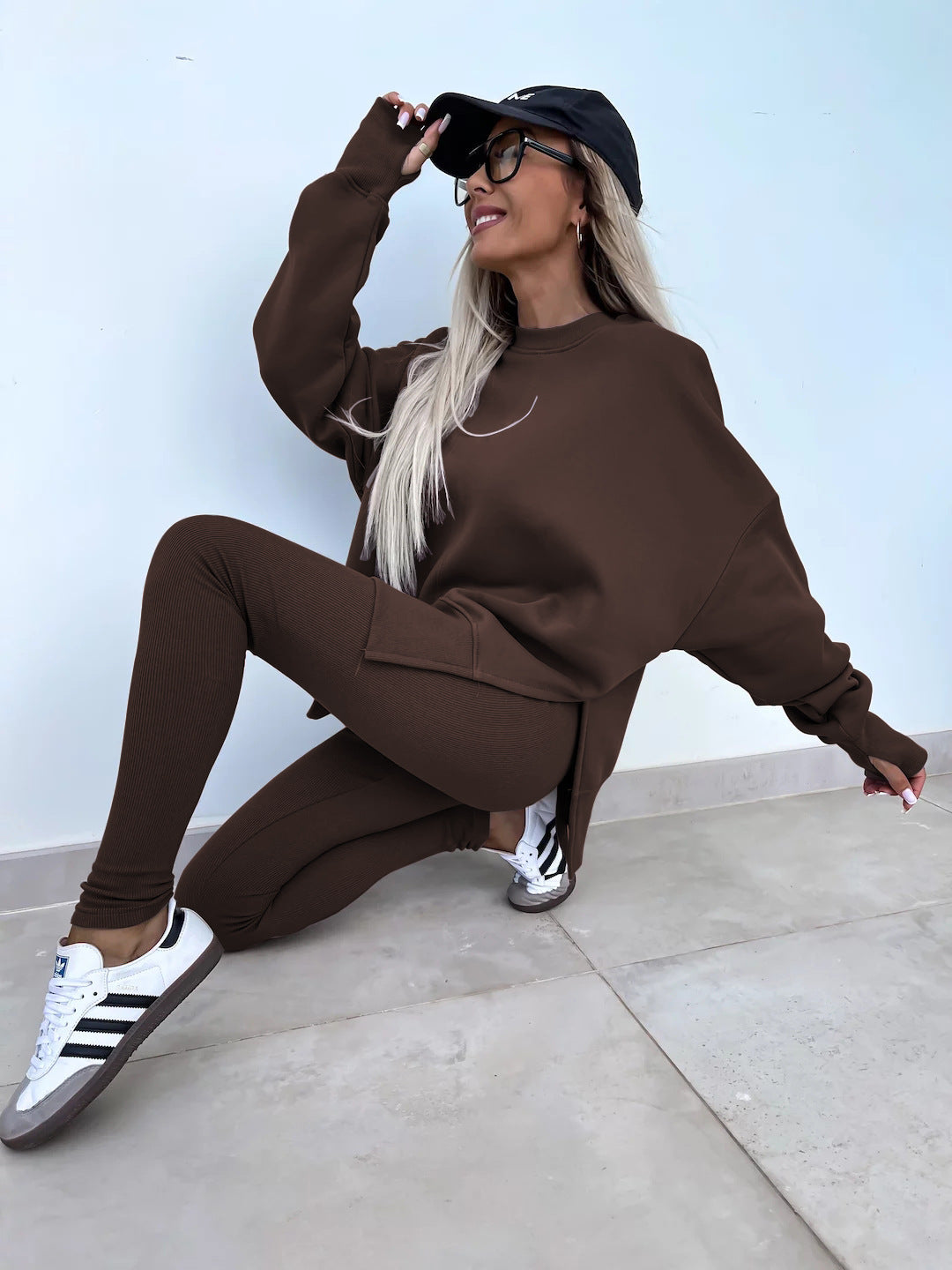Damen komfortables Oversize-Lounge-Set mit langem Sweatshirt, gerippten High-Waist-Leggings und verlängerten Bündchen Drune