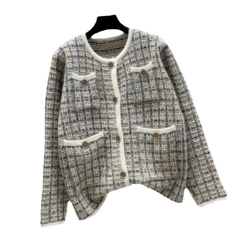 Damen elegante Tweedjacke mit dekorativen Knöpfen und Taschen Drune
