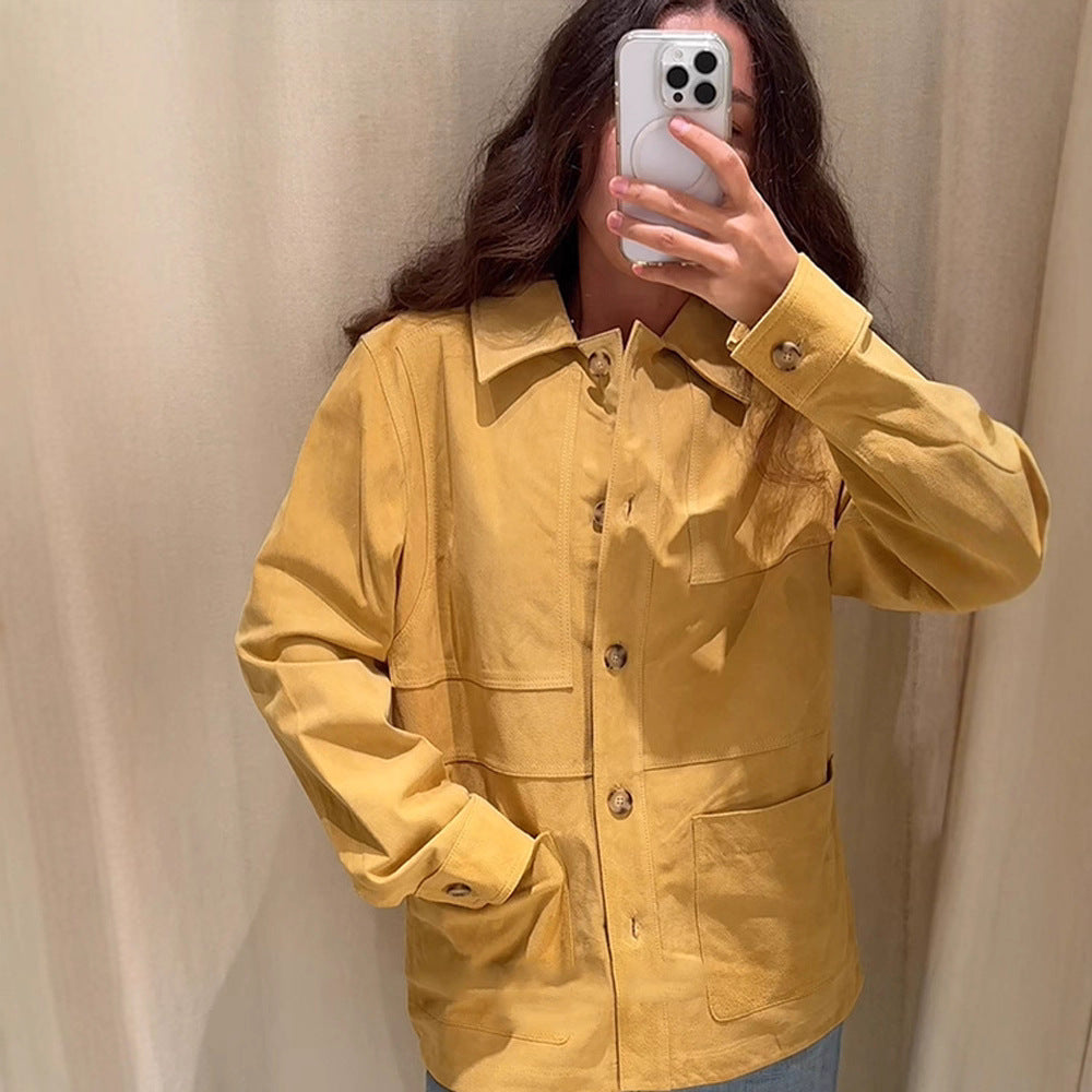 Damen Oversize Baumwoll-Worker-Jacke mit aufgesetzten Taschen Drune