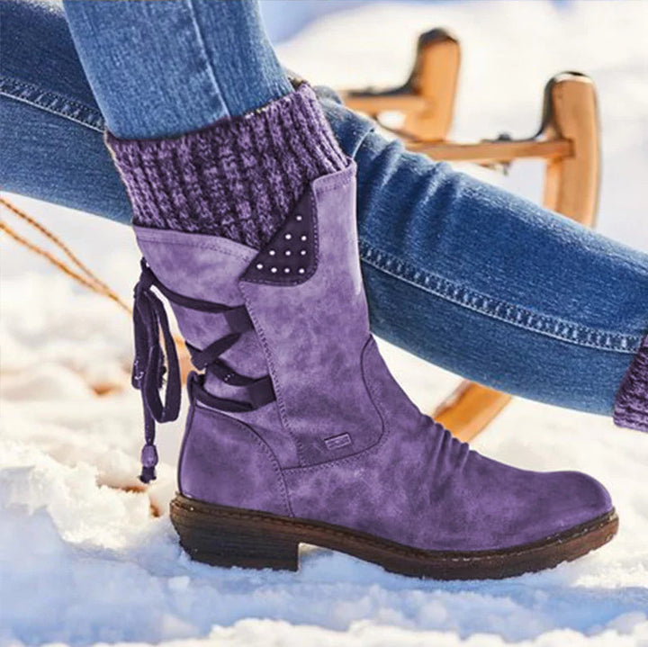 Damen Winterliche Kurzschaft-Stiefelette mit Strickmanschette, Zierkordel und Veloursoptik Drune