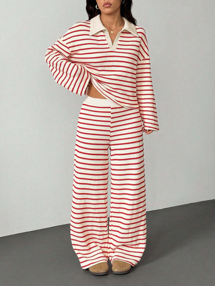 Damen Gestreiftes Strick-Set aus Polokrippenpullover und weiten Palazzo-Strickhose Drune