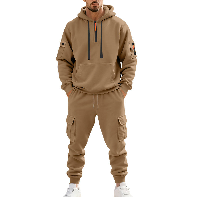 Herren nan zweiteiliges Utility-Freizeitset Hoodie mit halbhohem Reißverschluss, Ärmeltasche und Cargo-Jogginghose mit Klappentaschen Drune