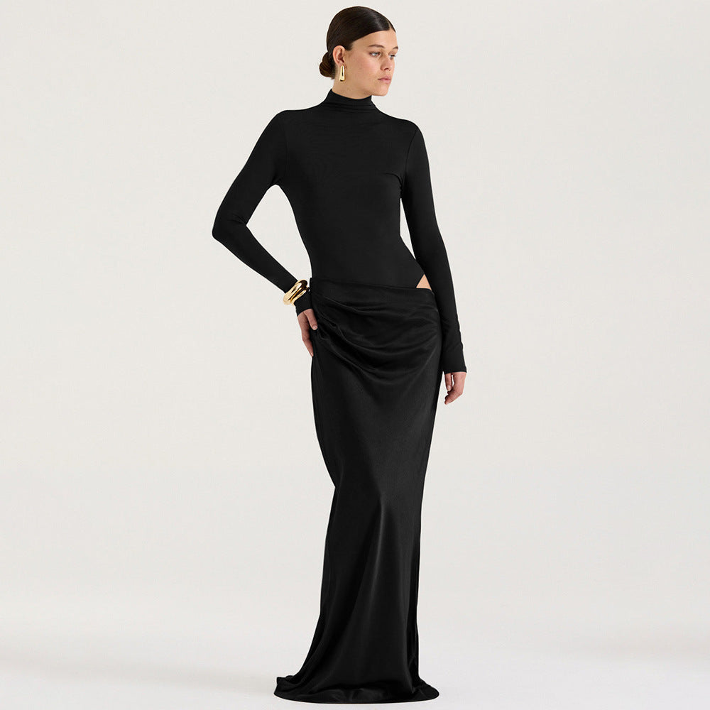 Damen Elegantes langärmliges Maxikleid mit figurbetontem Schnitt und raffiniertem Drapierungsdetail Drune