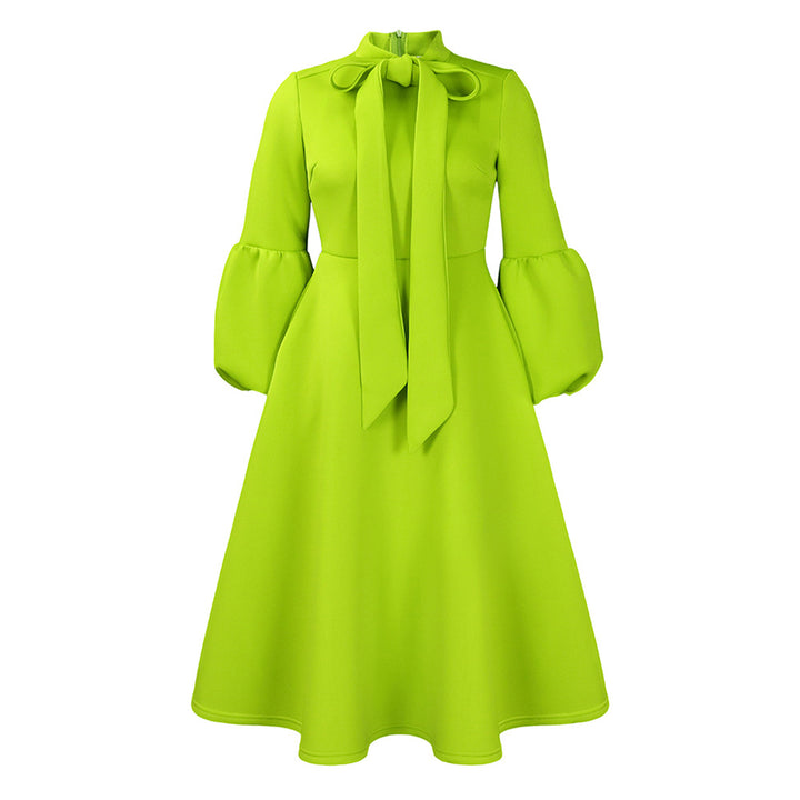 Damen Midi-Dress mit langen Puffärmeln und eleganter Schleife Drune