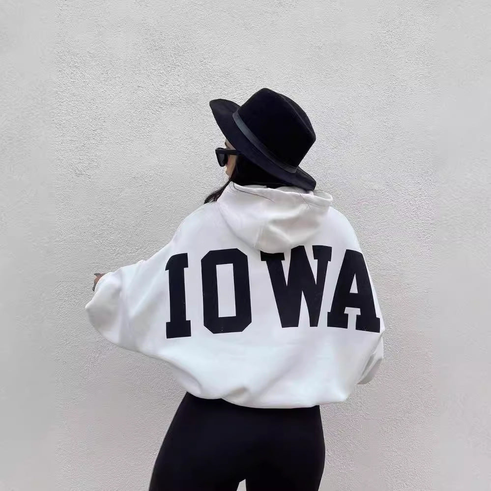 Damen Oversized Cropped Hoodie mit großem Lettering, Kapuze und relaxed Fit Drune