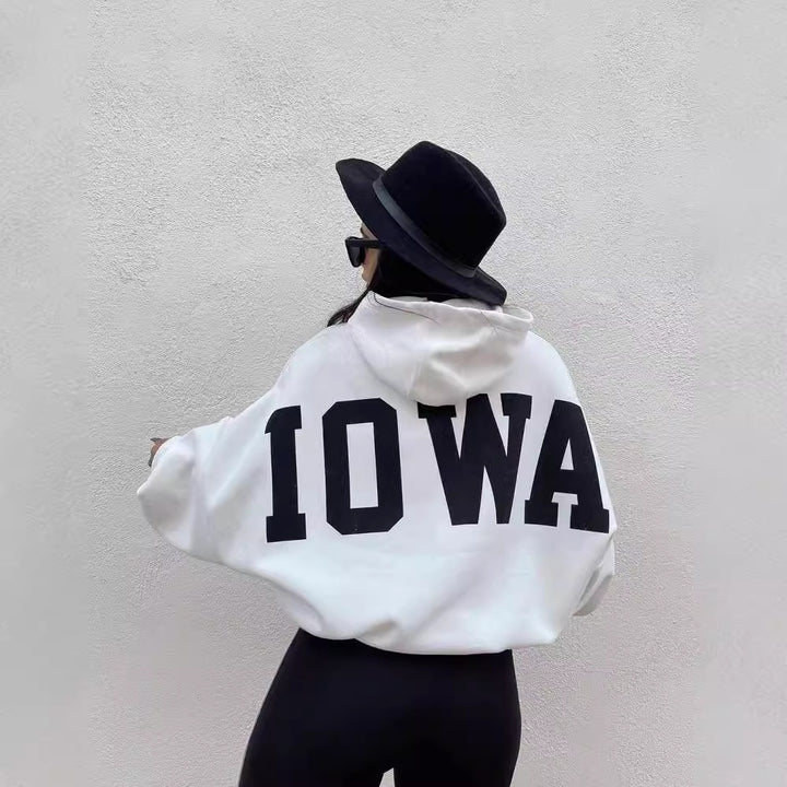 Damen Oversized Cropped Hoodie mit großem Lettering, Kapuze und relaxed Fit Drune