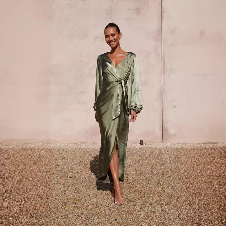 Damen Satin Wickelkleid mit elegantem V-Ausschnitt und voluminösen Ärmeln Drune