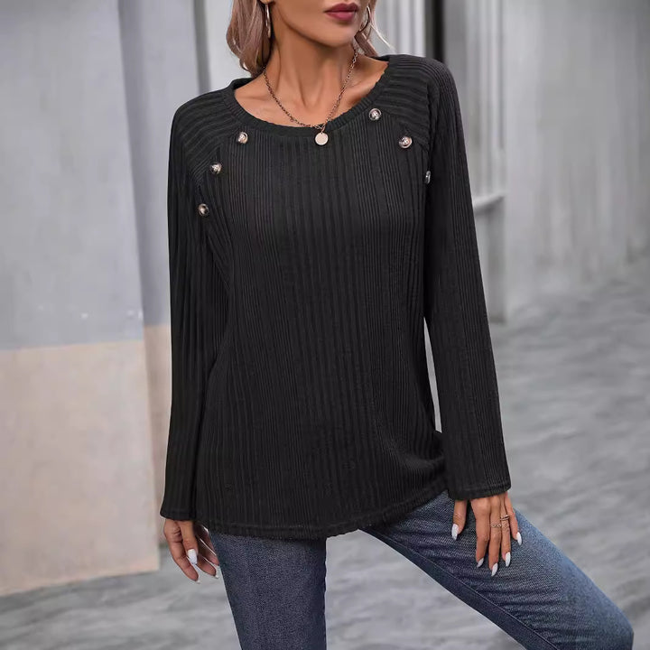 Damen Feiner Rippstrick-Pullover mit Zierknopfleiste und Rundhalsausschnitt Drune