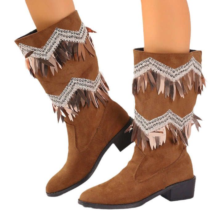 Damen Stiefel mit modischen Fransen und Glitzerdetails Drune