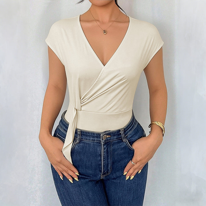 Damen Wickel-Body mit kurzem Arm, tailliertem Band und V-Ausschnitt Drune